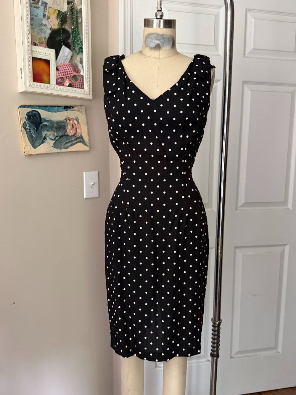 VINTAGE 1990s BREAKIN' LOOSE Black Polka Dots BOW Mini Slip Dress *SMALL*